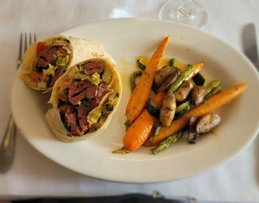 Adana Wrap (beef spiced and grilled) and substituted in vegetables.