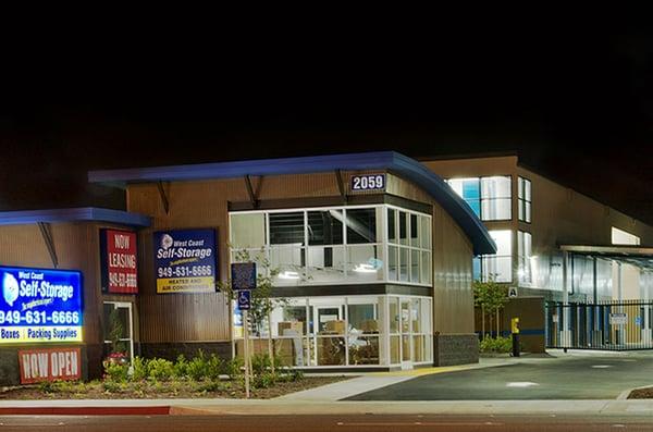 West Coast Self-Storage exterior at night