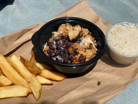 Black beans, chicken and rice bowl.