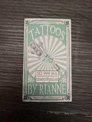 Front of business card for Rianne who did my tattoo!