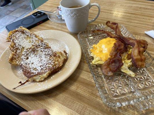 Croissant French toast with 3 eggs (of which were the smallest eggs ever) and $4+ side of bacon which was 3 pieces.