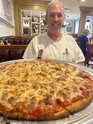 Tavern Style thin crust Chicago cheese and sausage pizza!