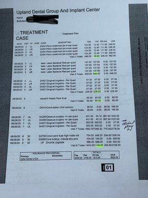 first treatment plan with all kinds of discrepancies, fake codes and extra charges