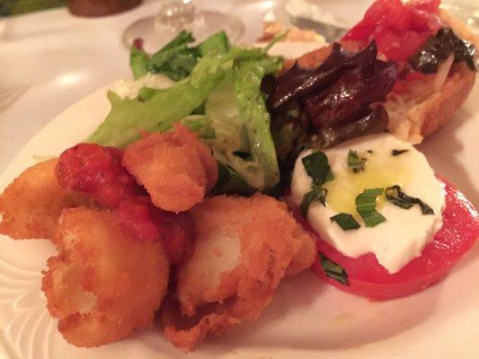 Fried calamari, mozzarella tomato salad and mixed greens  - good