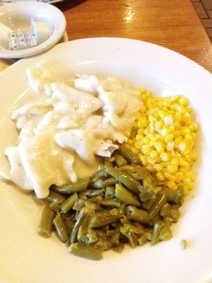 Chicken dumplings, green beans and corn