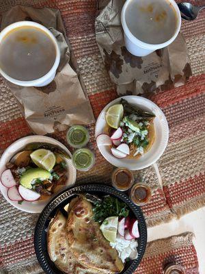 Taco de chicharrón, carnitas y tacos de birria with hand made tortillas.