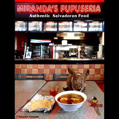 Miranda's Pupuseria, eatery for the Salvadoran foods. Dr. Takeshi Yamada & Seara (Coney Island sea rabbit). Front view from my dining table.