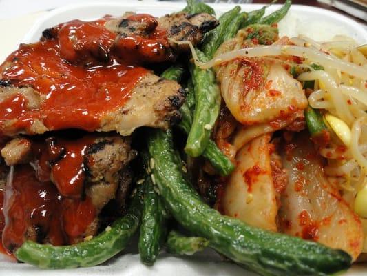 Chicken bulgogi, dry fried green beans, kim chee, bean sprouts