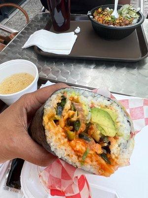 Miso Soup, inside of Poke Wrap (Sushi Burrito) stuffed with rice, avocado, salmon, veggies and tobiko.