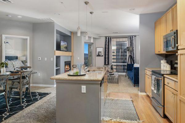 Kitchen area with Denver skyline!