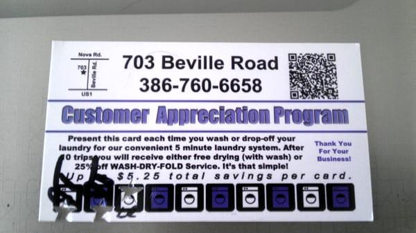 Customer Appreciation Card! Fill it up to earn 25% off of Wash-Dry-Fold service or Free Dry!