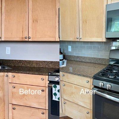 Before and after the backsplash installation.