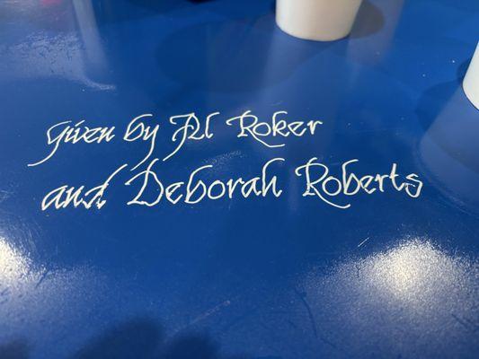 Kind of cool the table was donated by Al Roker, yes that Al the weatherman on national TV. Very cool......