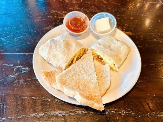 Bacon and egg breakfast burrito with sourdough toast