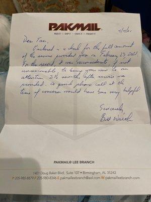 Letter from Bill along with check