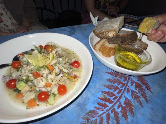 Ceviche del dia and a bread medley