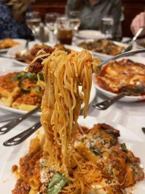 Linguini and meat lovers meal. Meatballs, sausage, etc.,