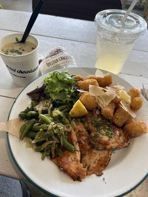 Dinner Plate: Salmon, Truffle-Parm Tots, Veggie Blend, Mini Chowdah with Gingerade