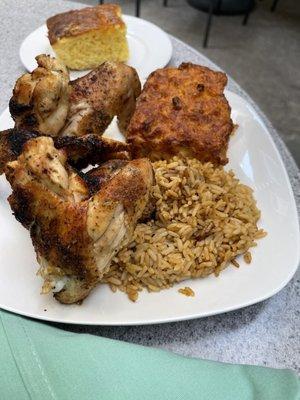 Evelyn's Combo Baked Chicken, Mac and Cheese, Rice and Corn Bread