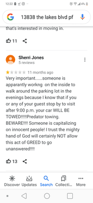 Multiple reviews. Recent and from almost a year ago of the same issue with the predatory parking.