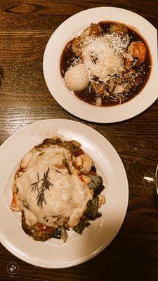 Eggplant parm with vegetables and Veal Marsala