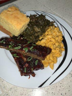 Rib platter(Mac and cheese, greens, and cornbread)