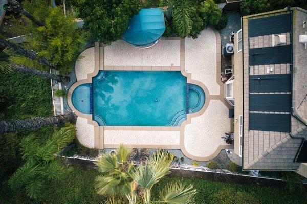 Close-up view of back roof and pool.