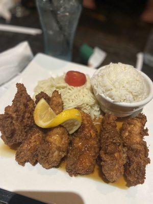 Lemon chicken, with steamed rice, and cold noodle salad.