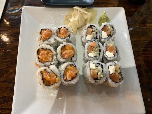 Spicy Salmon Crunch Roll, Philly Roll