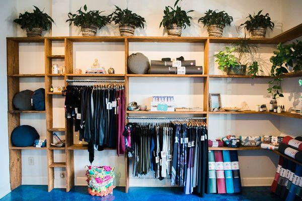 Studio boutique includes apparel, sage & incense, self care items and ayurvedic products.