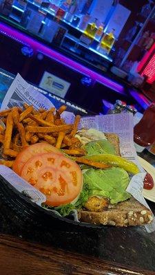 Chicken Avocado Melt (on multigrain bread instead of French bread) and sweet potato fries