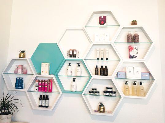 Our retail wall here at Blink Beauty ATX.