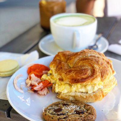 Egg Salad Croissant, Macaron (Golden Milk), Matcha Latte