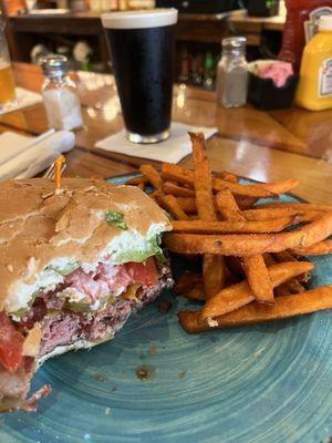 Medium rare bacon cheeseburger with sweet potato fries!