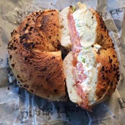 Onion bagel toasted w/ chive cream cheese, lox, and tomato.