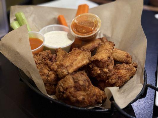 Crispy Buffalo Wings with Honey Sauce and Spicy Garlic Parm on the side