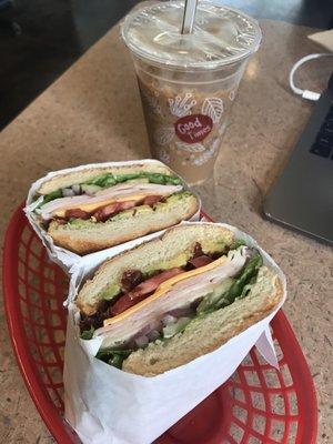 Turkey avocado bacon sandwich on a french roll with vietnamese iced coffee. Delicious!