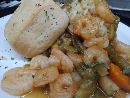 Stir fried teriyaki shrimp sesame seed roll white rice