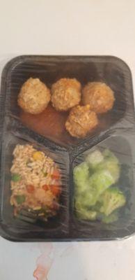 Sweet & Sour Meatballs w vegetable fried rice and broccoli cuts