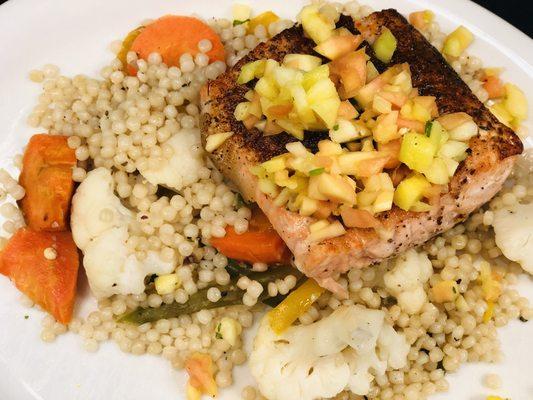 Blackened Salmon, Coos Coos, Roasted Vegetables, Mango Pineapple Relish