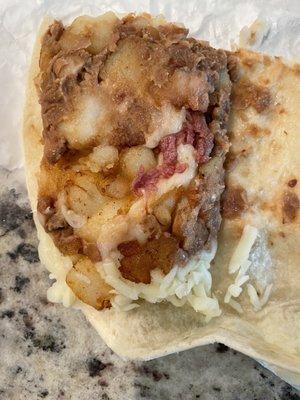 Bacon, egg?, potato and bean breakfast burrito