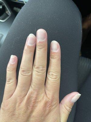 Uneven nails, not finished cuticles, ripping nails not buffed