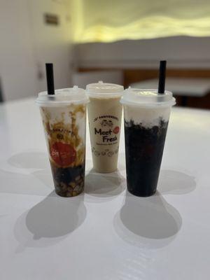 Brown Black Sugar Boba Fresh Milk with Mini Taro Balls Q, Jasmine Milk Tea, Fluffy Icy Herbal Tea with Grass Jelly