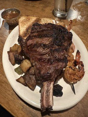 Tomahawk Ribeye. Potatoes. Shrimp Skewer.