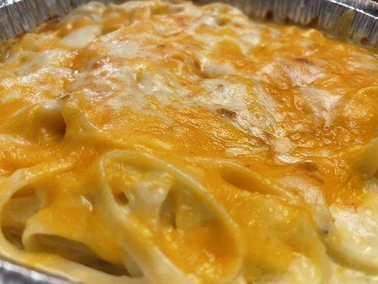 Baked Mac & Cheese Dinner with fettuccine and extra cheese!! Perfect on a cold night. Comfort food!