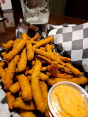 Crispy breaded green beans with a slightly zippy dipping sauce