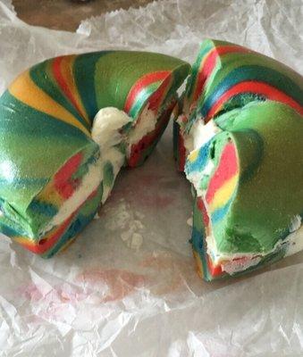 The rainbow bagel with cream cheese.