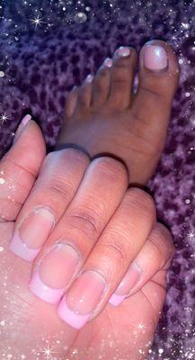 Gel French mani with pink tip and deluxe pedicure