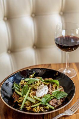 MINT FETTUCCINE ~ 
lamb sugo ~ eggplant ~ basil ~ smoked ricotta