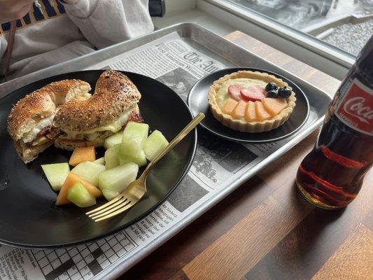 breakfast sandwich and fruit tart